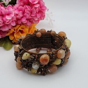 Stone Glass And Lucite Faux Gemstone Chunky Statement Wrap/Cuff Bracelet 8" Adj.